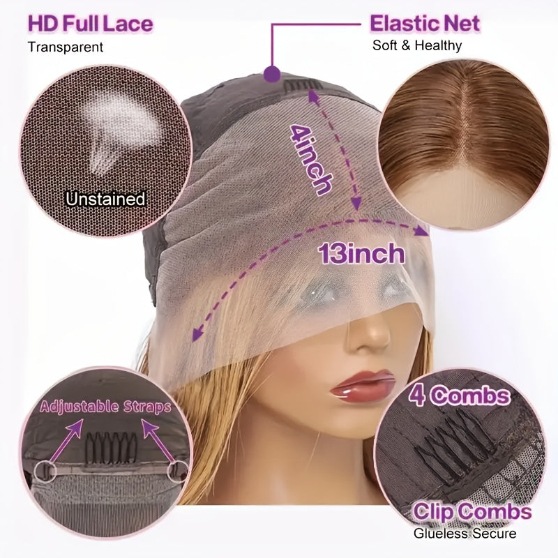 Bob Wig Human Hair 4/27 Ombre Honey Blonde HD Lace Front 13x4 - Straight 180% Density Pre-Plucked with Baby Hair Natural Look for, Hair Wig, Realistic Hairpiece
